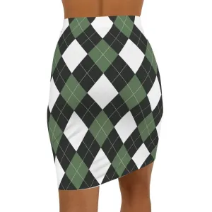 Elegant Argyle Stretch Mini Pencil Skirt in Green and White for Women