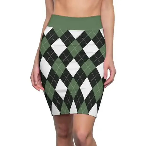 Elegant Argyle Stretch Mini Pencil Skirt in Green and White for Women