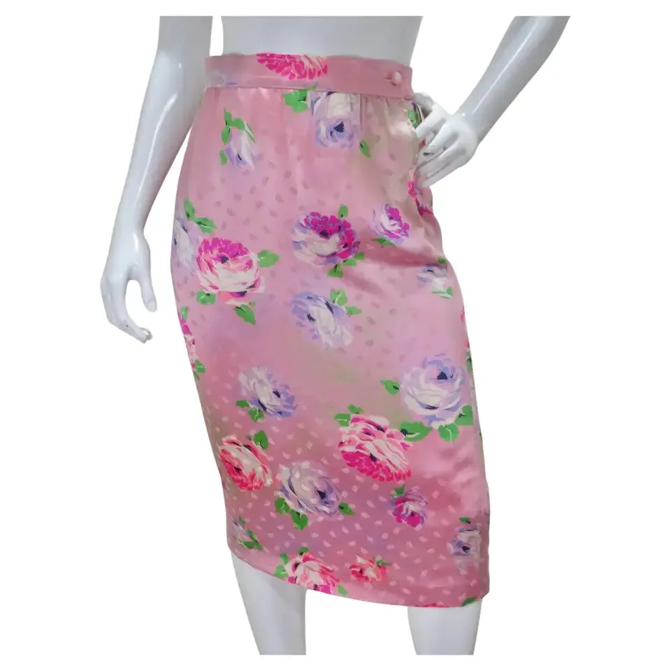 Emanuel Ungaro 1980s Pink Floral Pencil Skirt