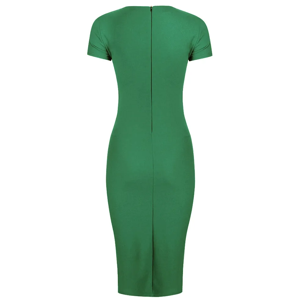 Emerald Green Short Sleeve Ruched Tie Bodycon Pencil Dress