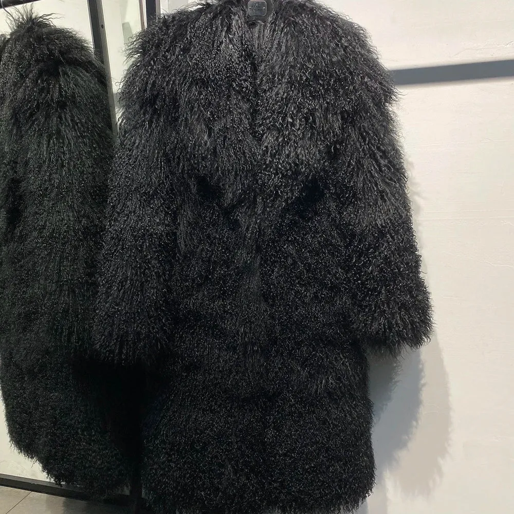 Extra Long Mongolian Curly Lamb Fur Coat