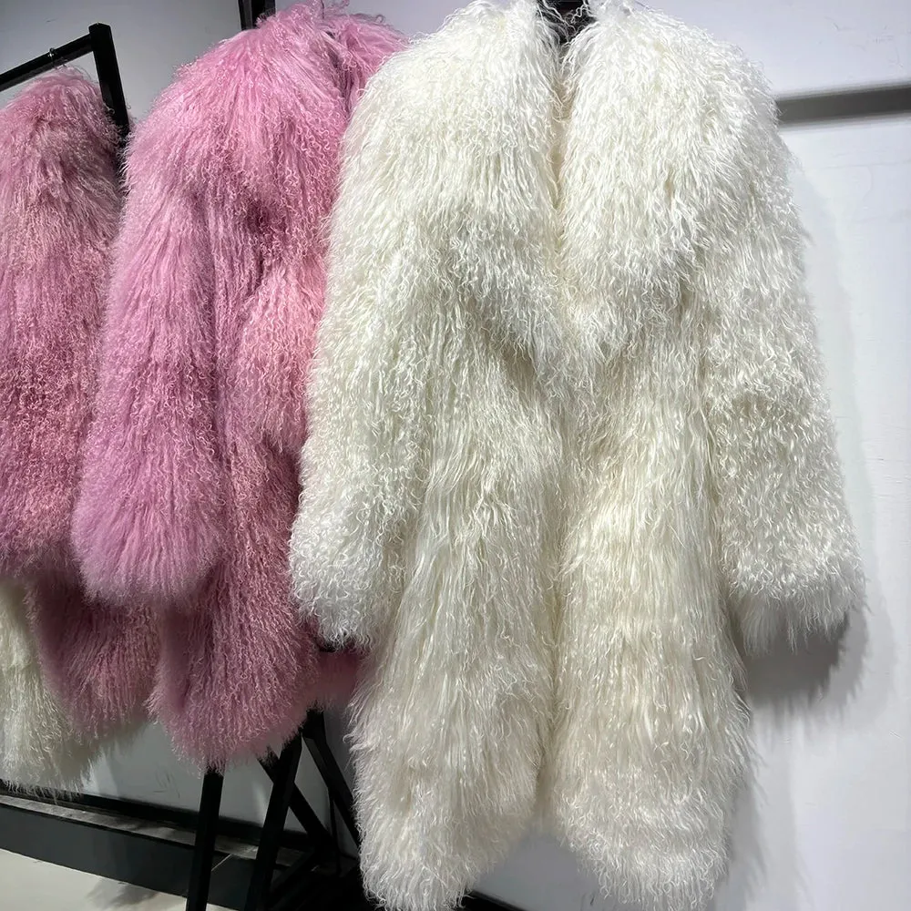 Extra Long Mongolian Curly Lamb Fur Coat