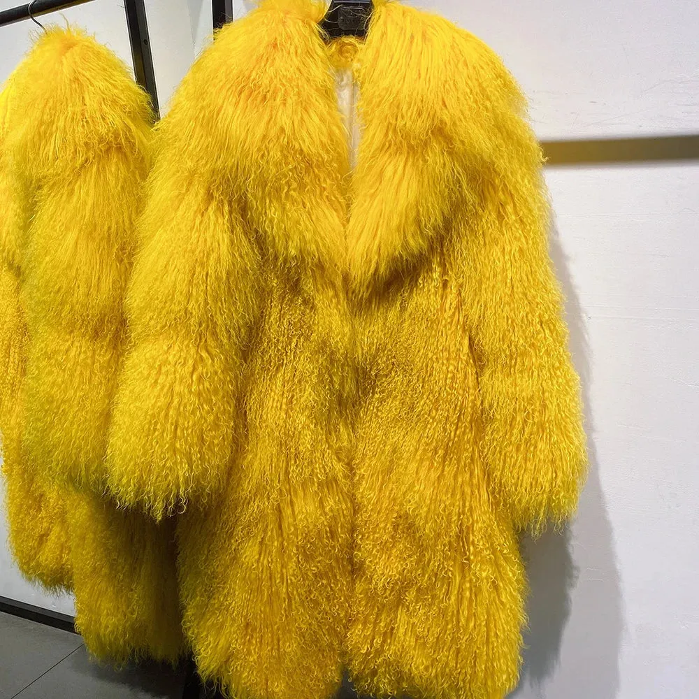 Extra Long Mongolian Curly Lamb Fur Coat