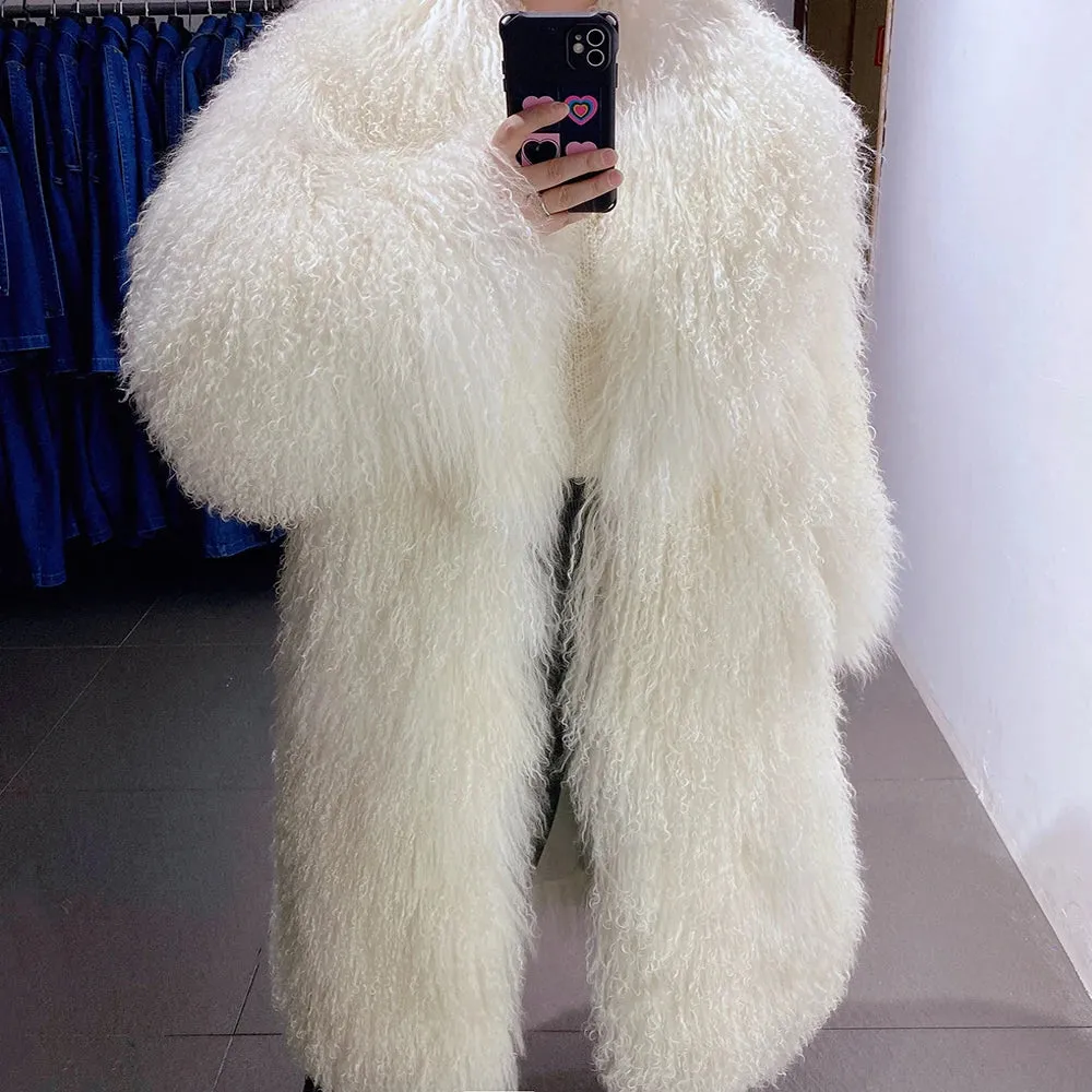 Extra Long Mongolian Curly Lamb Fur Coat