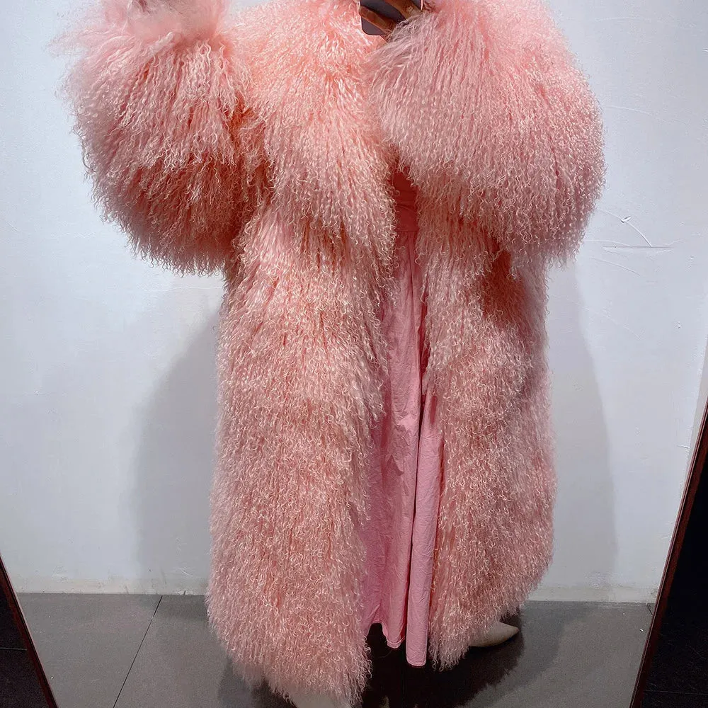 Extra Long Mongolian Curly Lamb Fur Coat