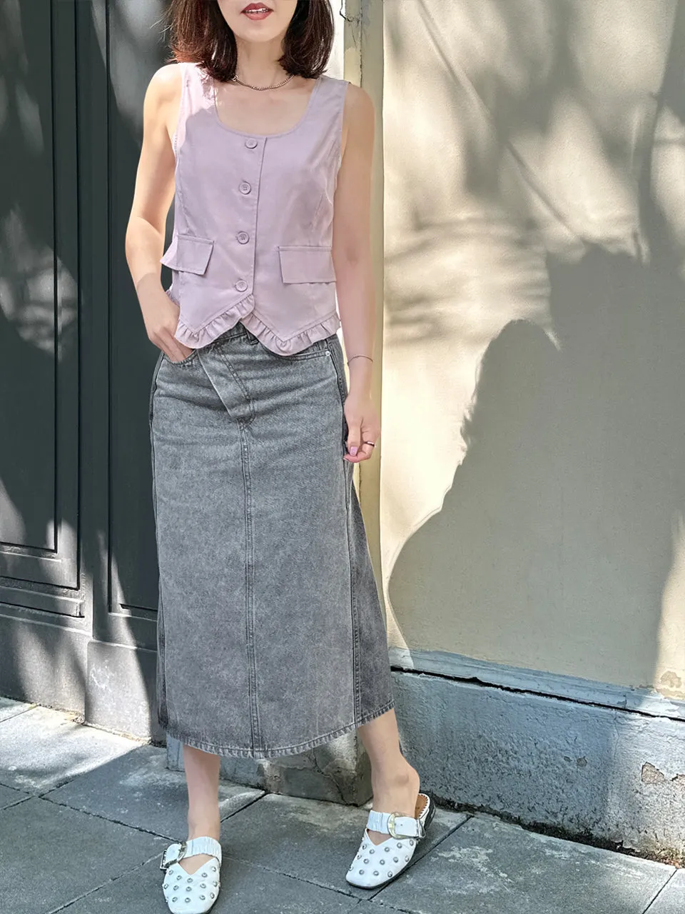 Faded Grey Asymmetrical Waist A-lined Panelled Skirt