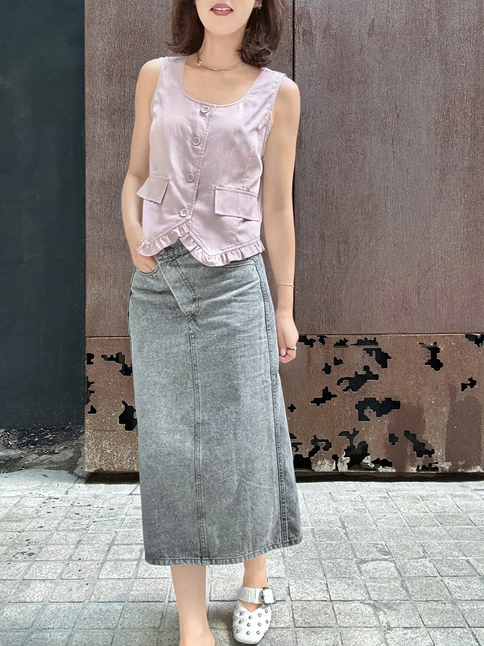 Faded Grey Asymmetrical Waist A-lined Panelled Skirt