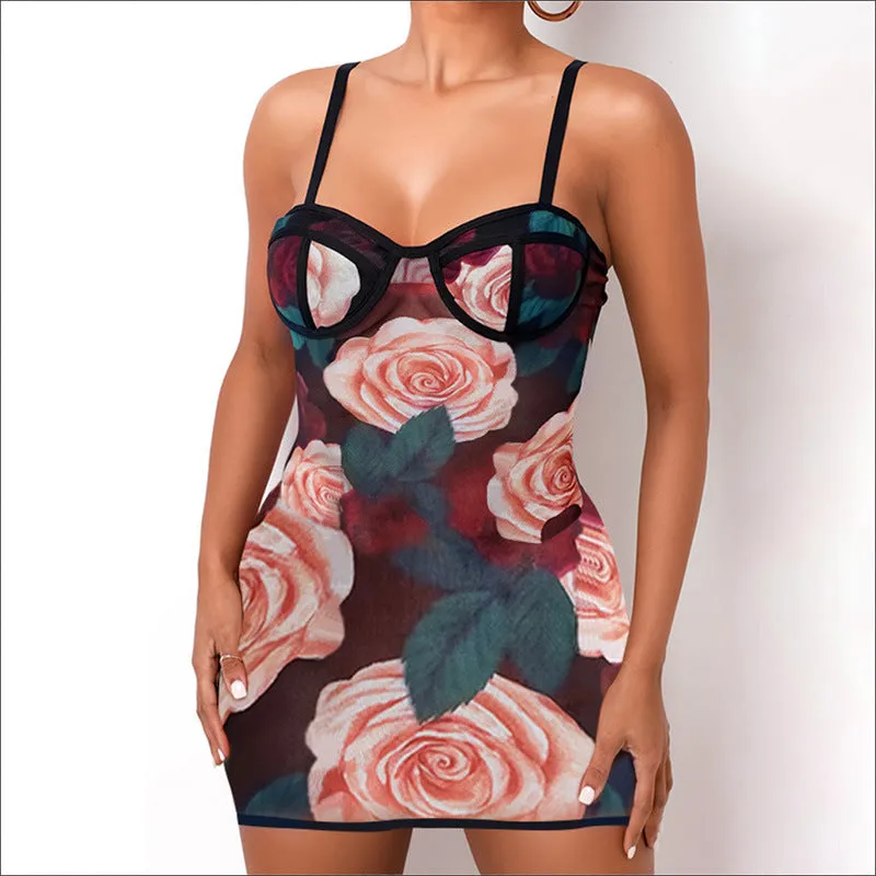 Fashion sexy flower print bust strap dress women