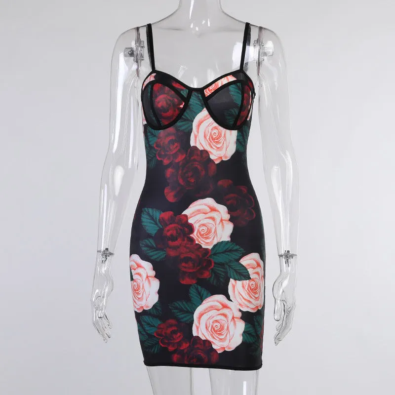 Fashion sexy flower print bust strap dress women