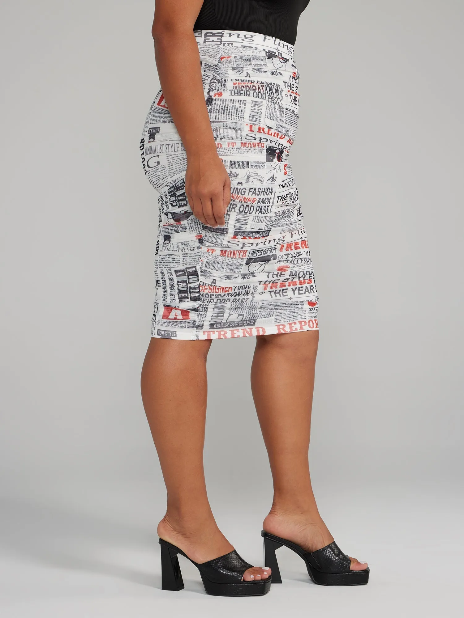 Fashion To Figure - Newspaper Print Ruched Pencil Skirt