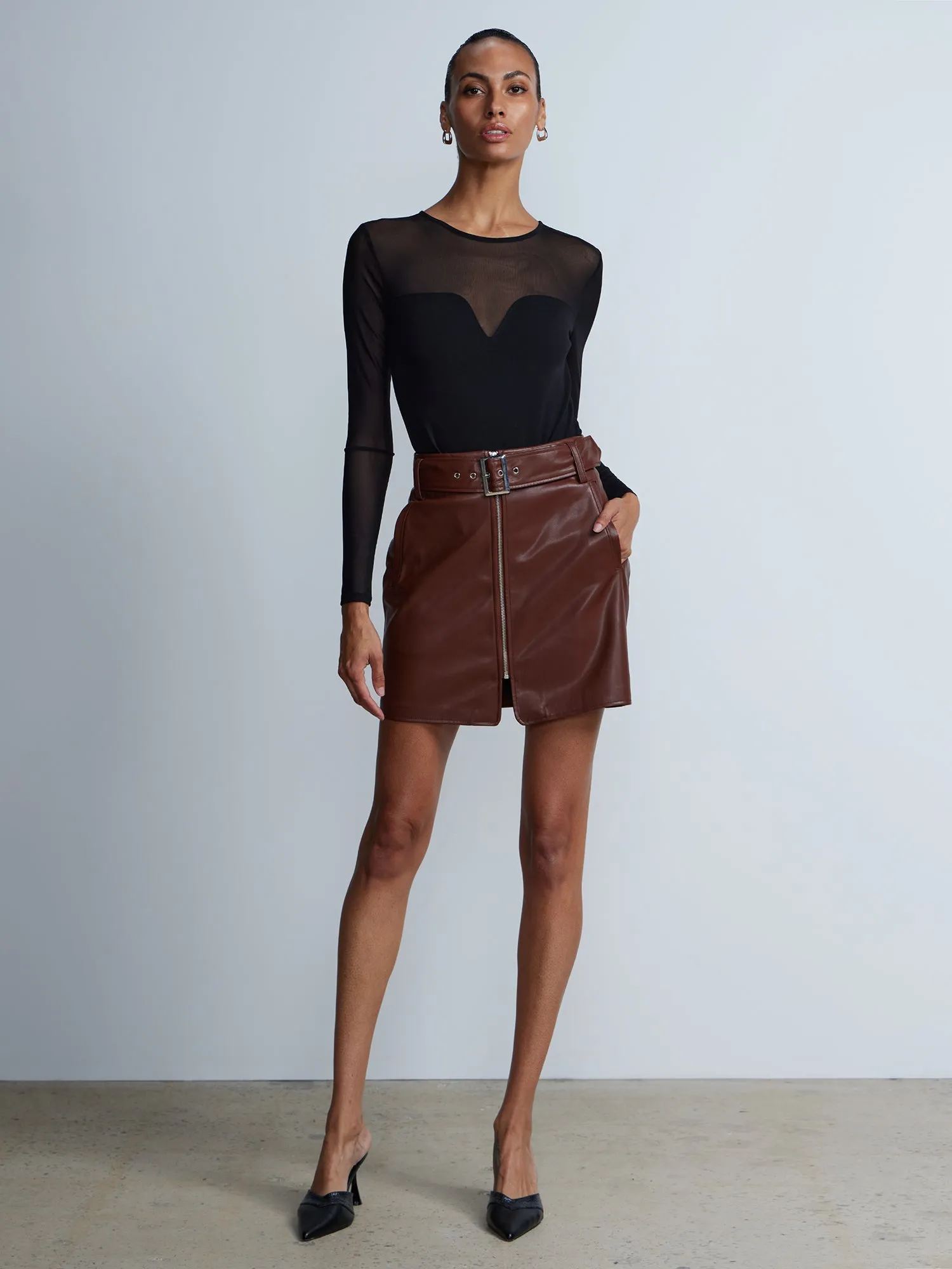 Faux Leather Belted Zipper Pencil Skirt