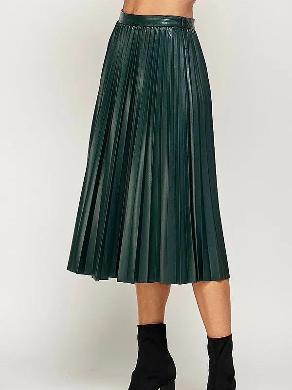 Faux Leather Pleated Long Skirt