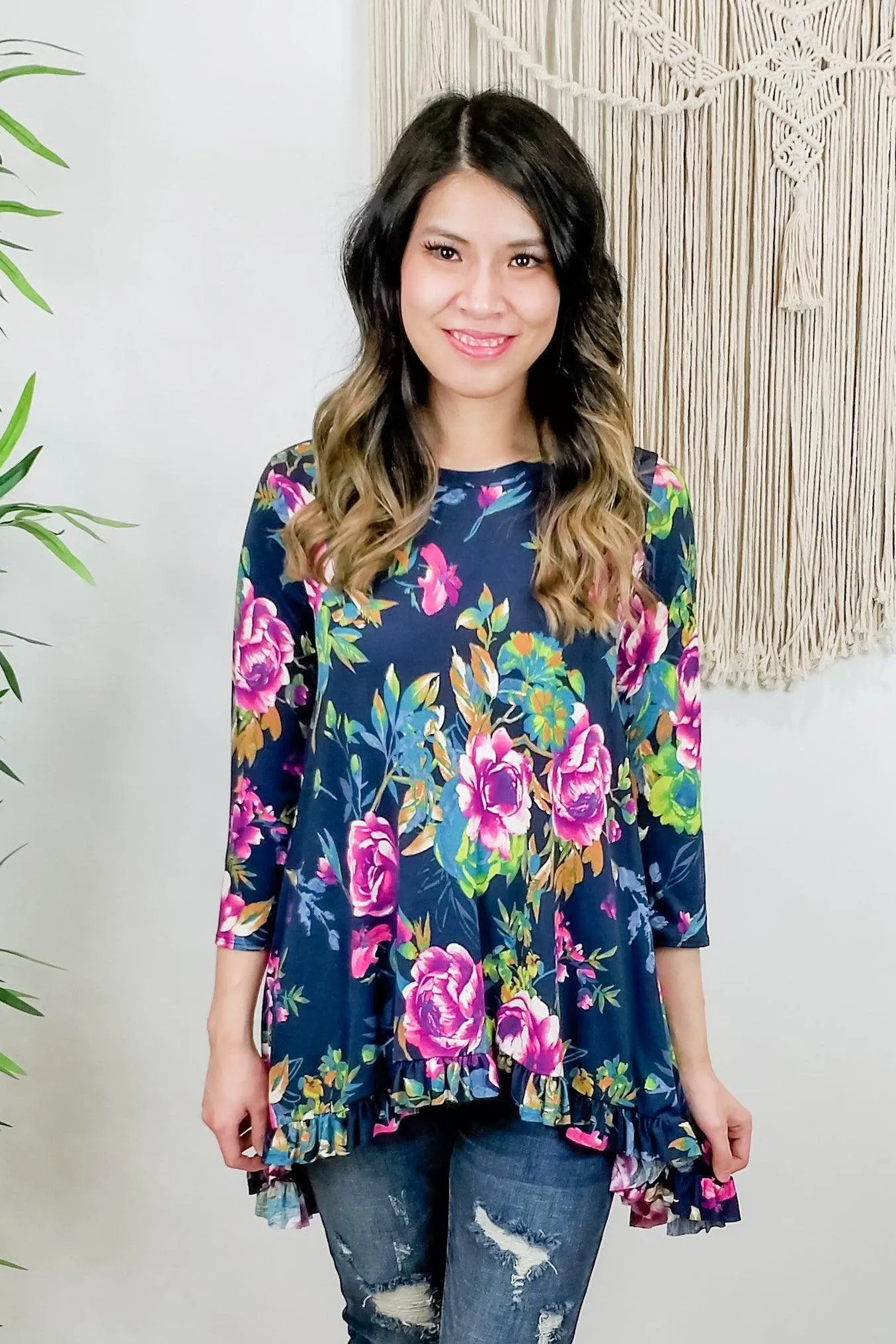 FINAL SALE -  Navy Floral Ruffle Hem Tunic