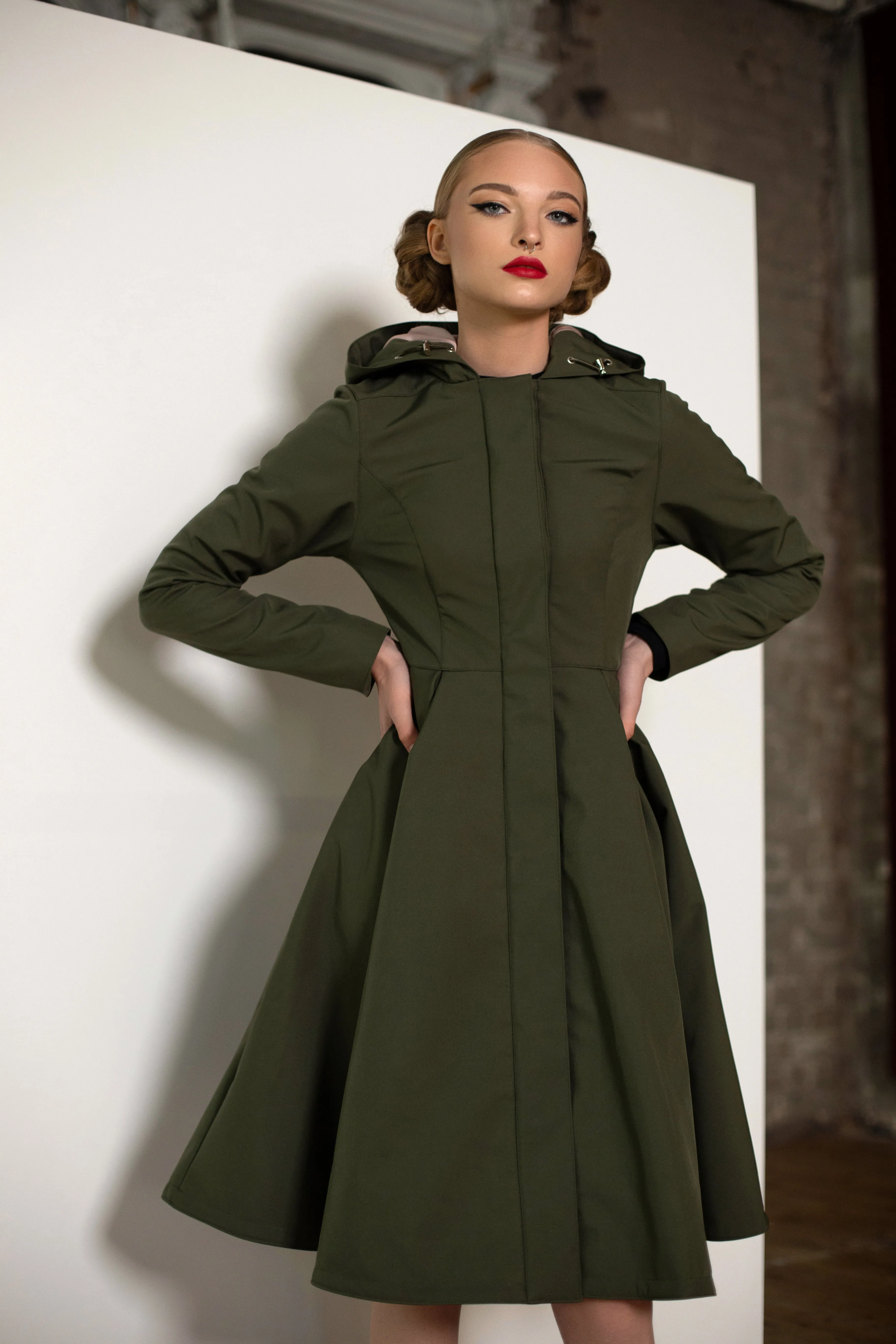 Fit and Flare Coat with Pleated Skirt in Khaki Green | 'Moss Green'