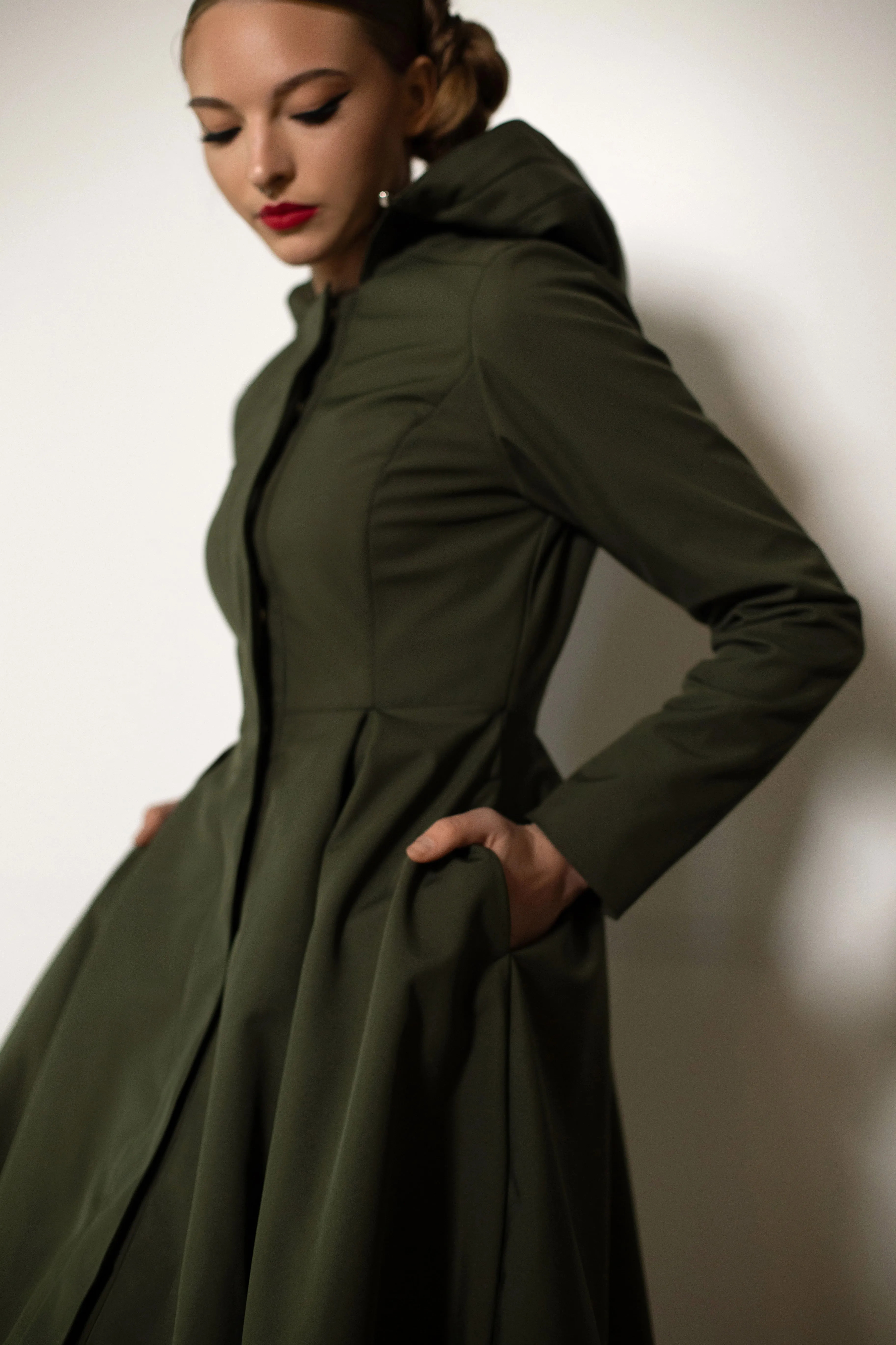 Fit and Flare Coat with Pleated Skirt in Khaki Green | 'Moss Green'