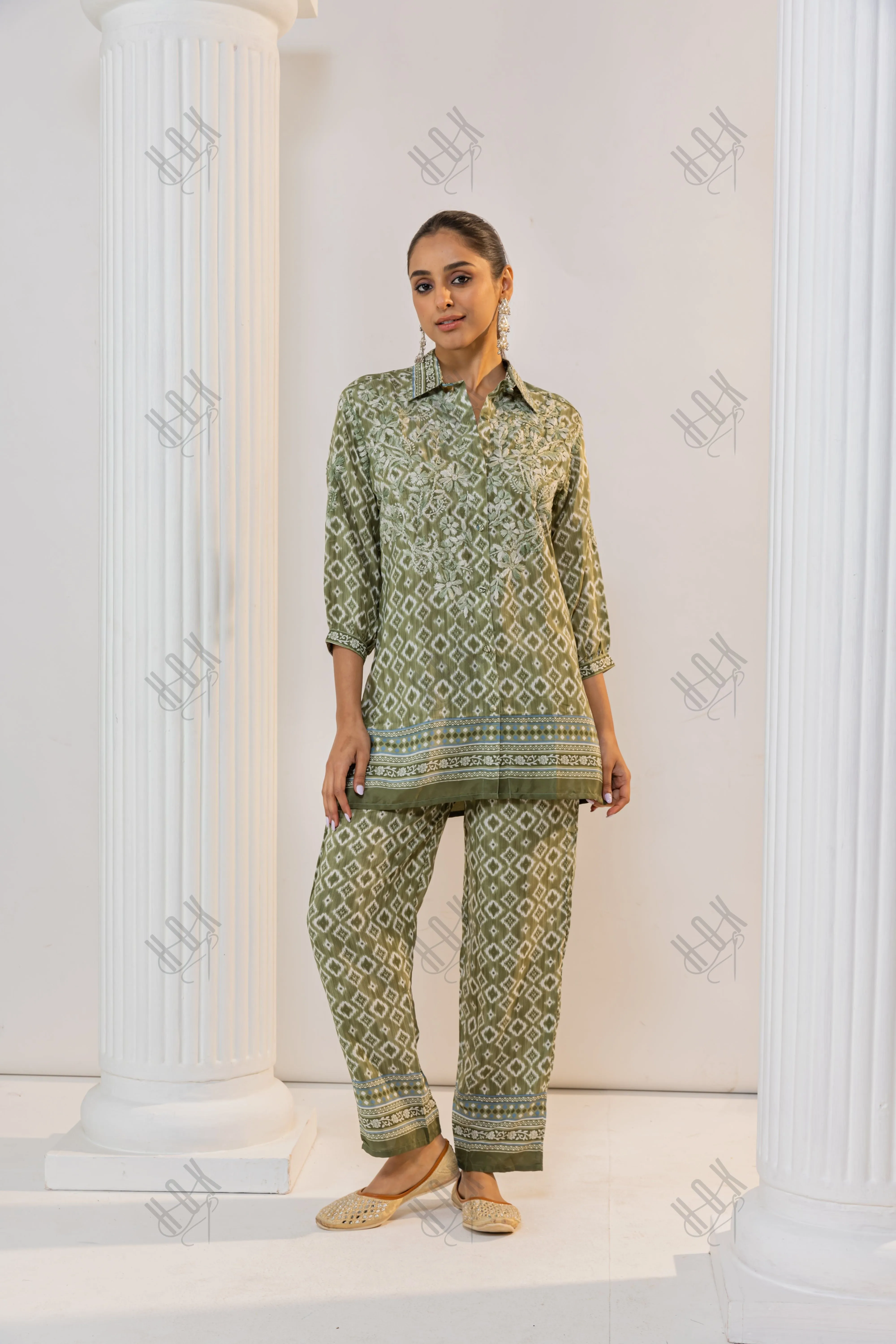 Fizaa Green Silk Print Set with White Hand Embroidery