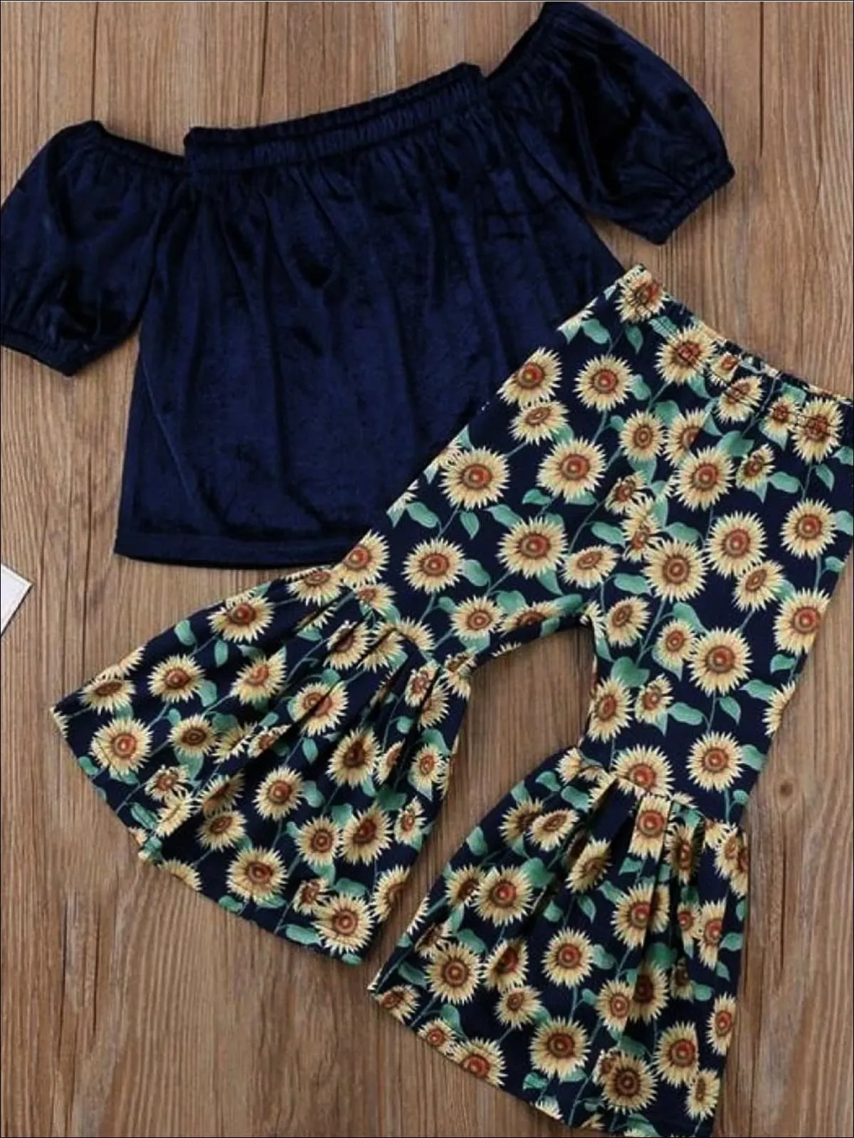 Girls Blue Velvet Off Shoulder Tunic And Sunflower Bell Bottom Pant Set