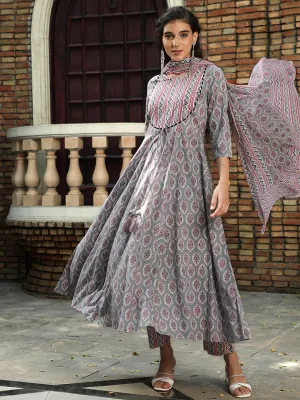 Grey Ethnic Printed Flared Kurta With Zig-Zag Printed Pants And Dupatta