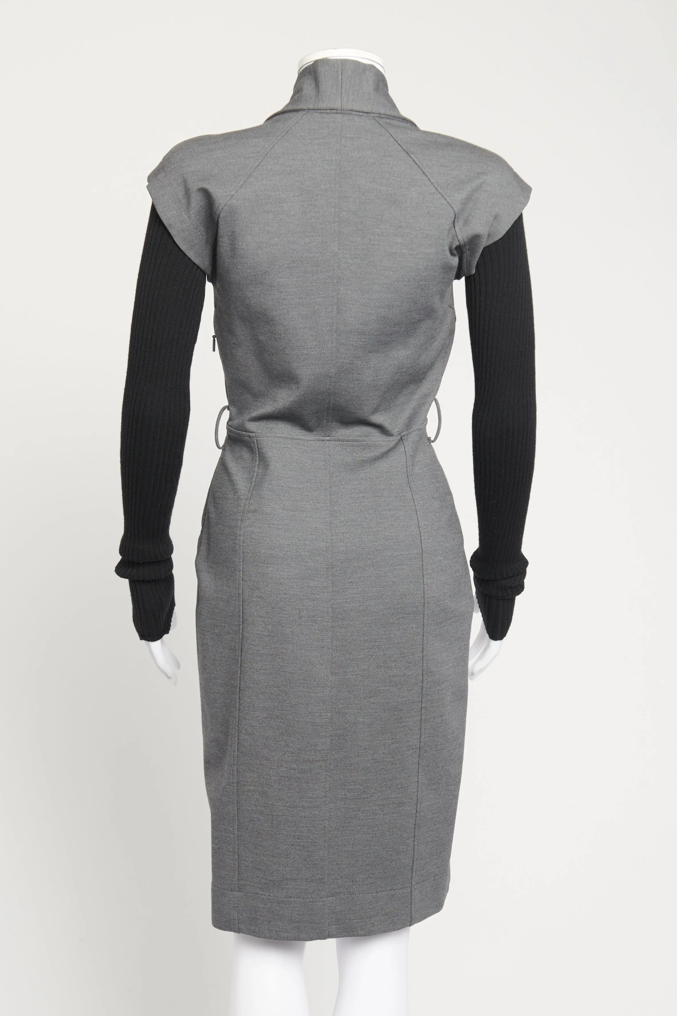 Grey Wool Contrast Ribbed Sleeve Preowned Shift Dress