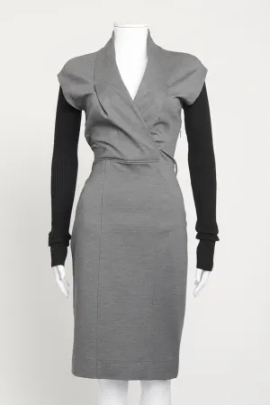 Grey Wool Contrast Ribbed Sleeve Preowned Shift Dress