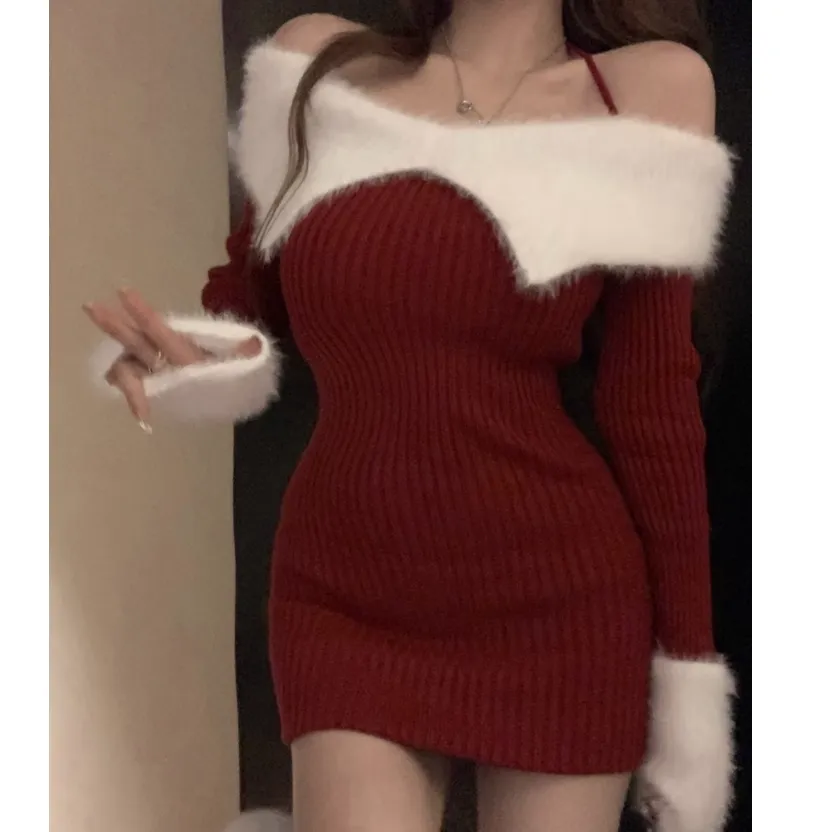 Halter Neck Fur Collar Slim Christmas Knitted Dress