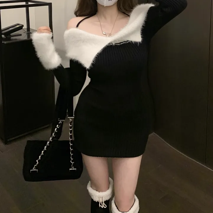 Halter Neck Fur Collar Slim Christmas Knitted Dress