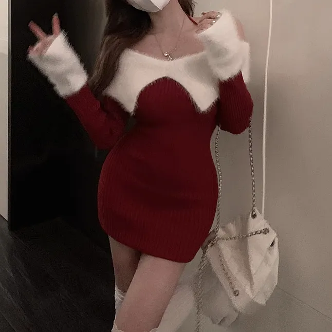 Halter Neck Fur Collar Slim Christmas Knitted Dress