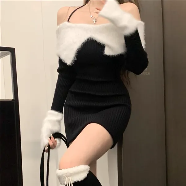 Halter Neck Fur Collar Slim Christmas Knitted Dress