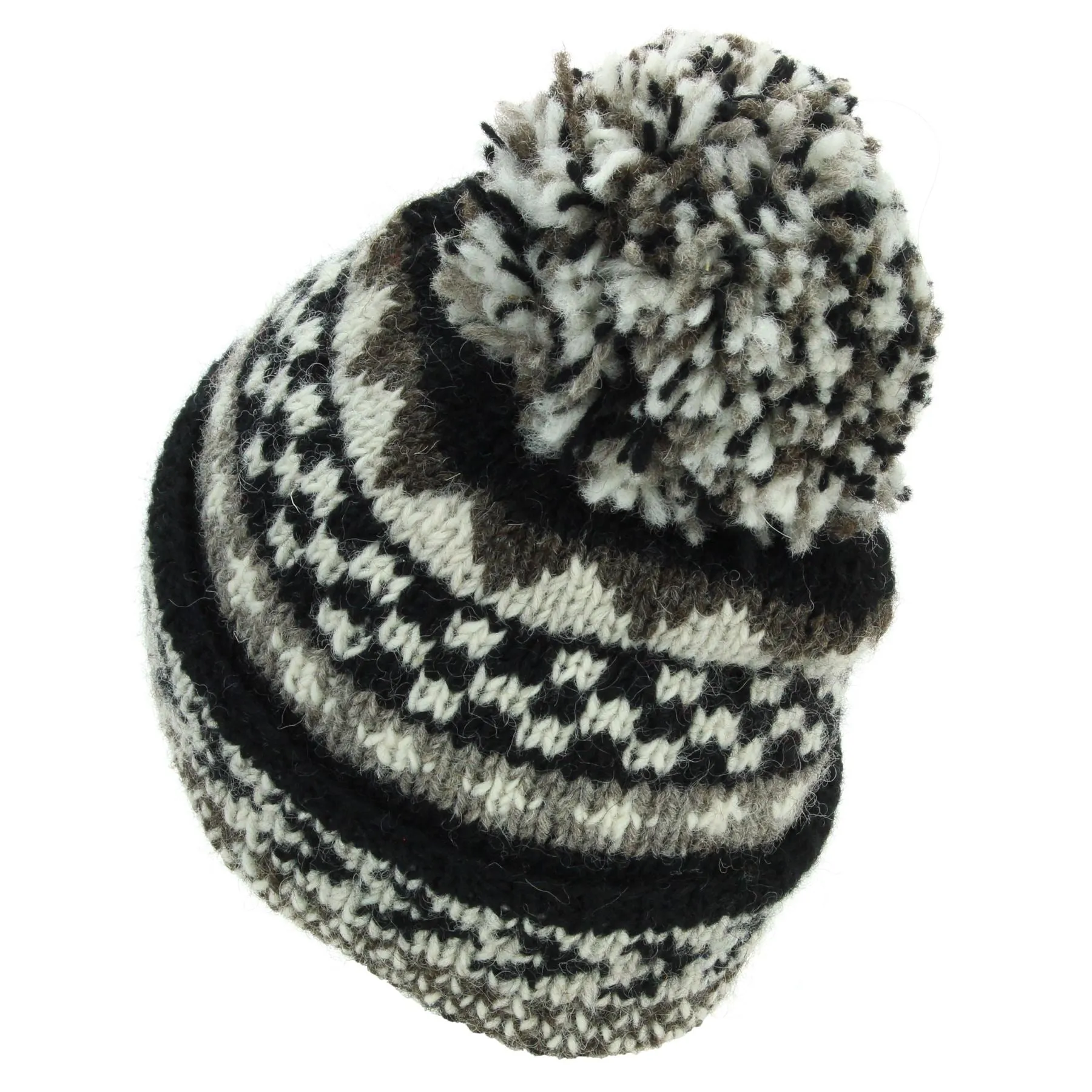 Hand Knitted Wool Beanie Bobble Hat - Chevron Black