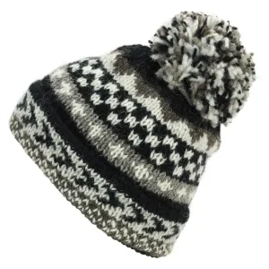 Hand Knitted Wool Beanie Bobble Hat - Chevron Black