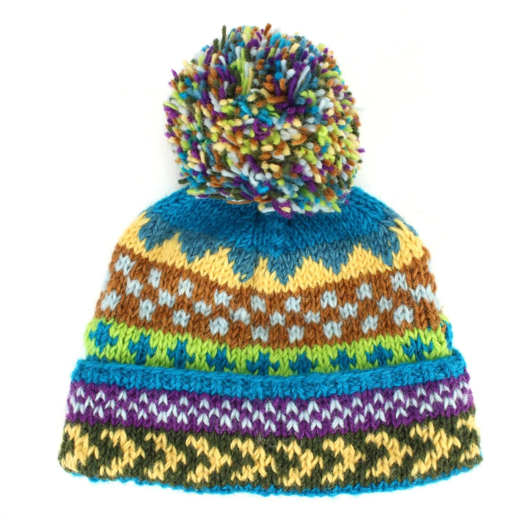 Hand Knitted Wool Beanie Bobble Hat - Chevron Blue