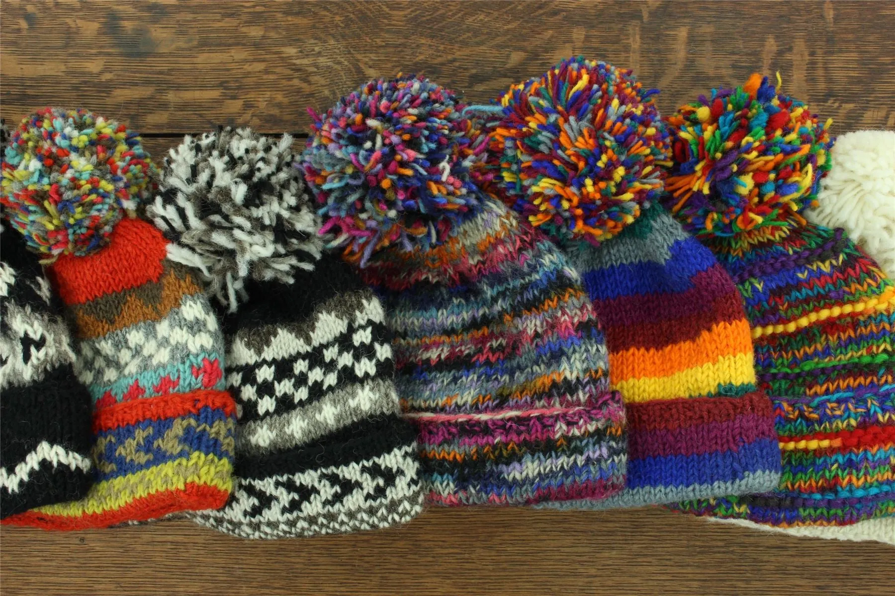 Hand Knitted Wool Beanie Bobble Hat - SD Rainbow Rib