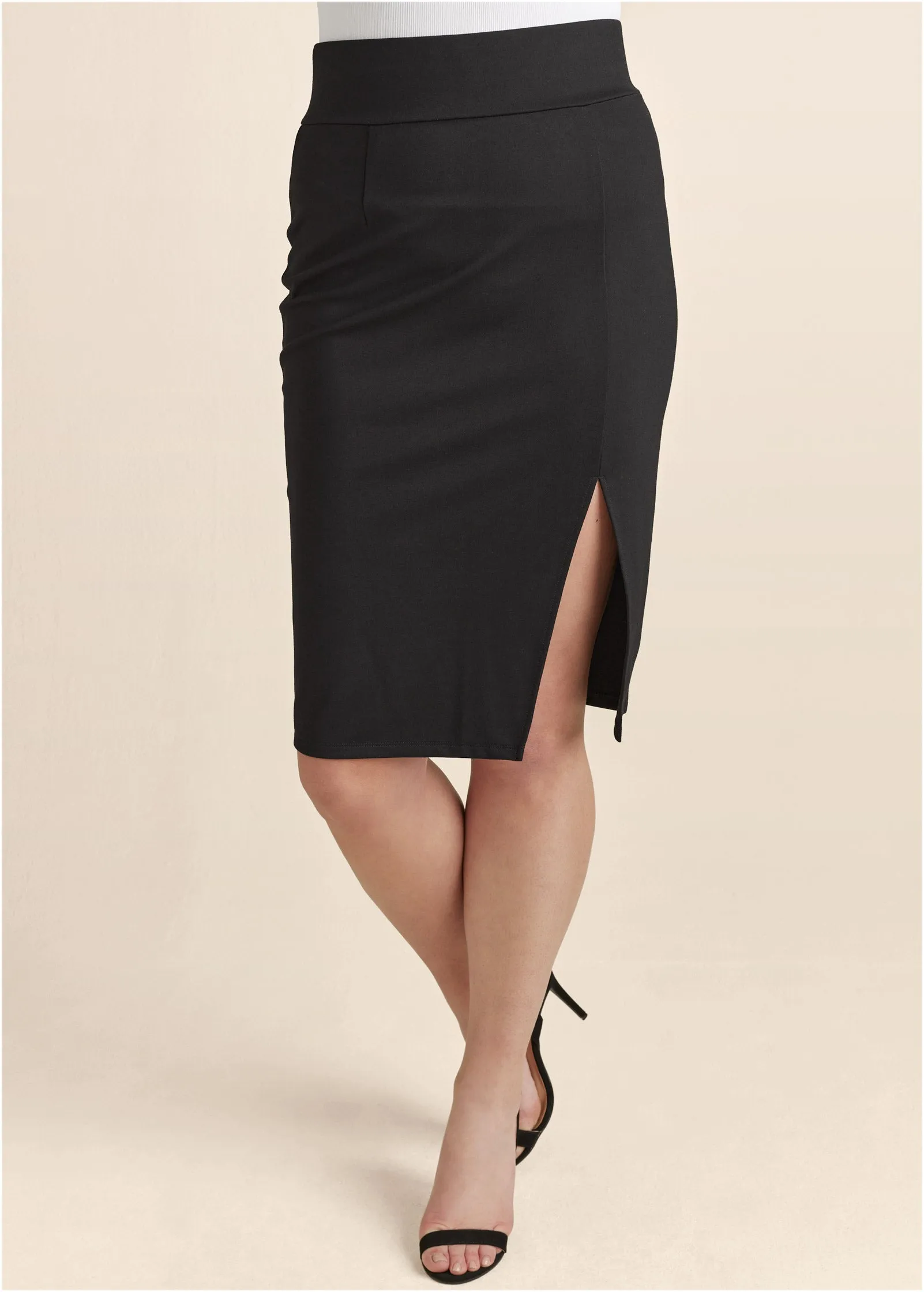 High-Waist Slit Ponte Skirt - Black