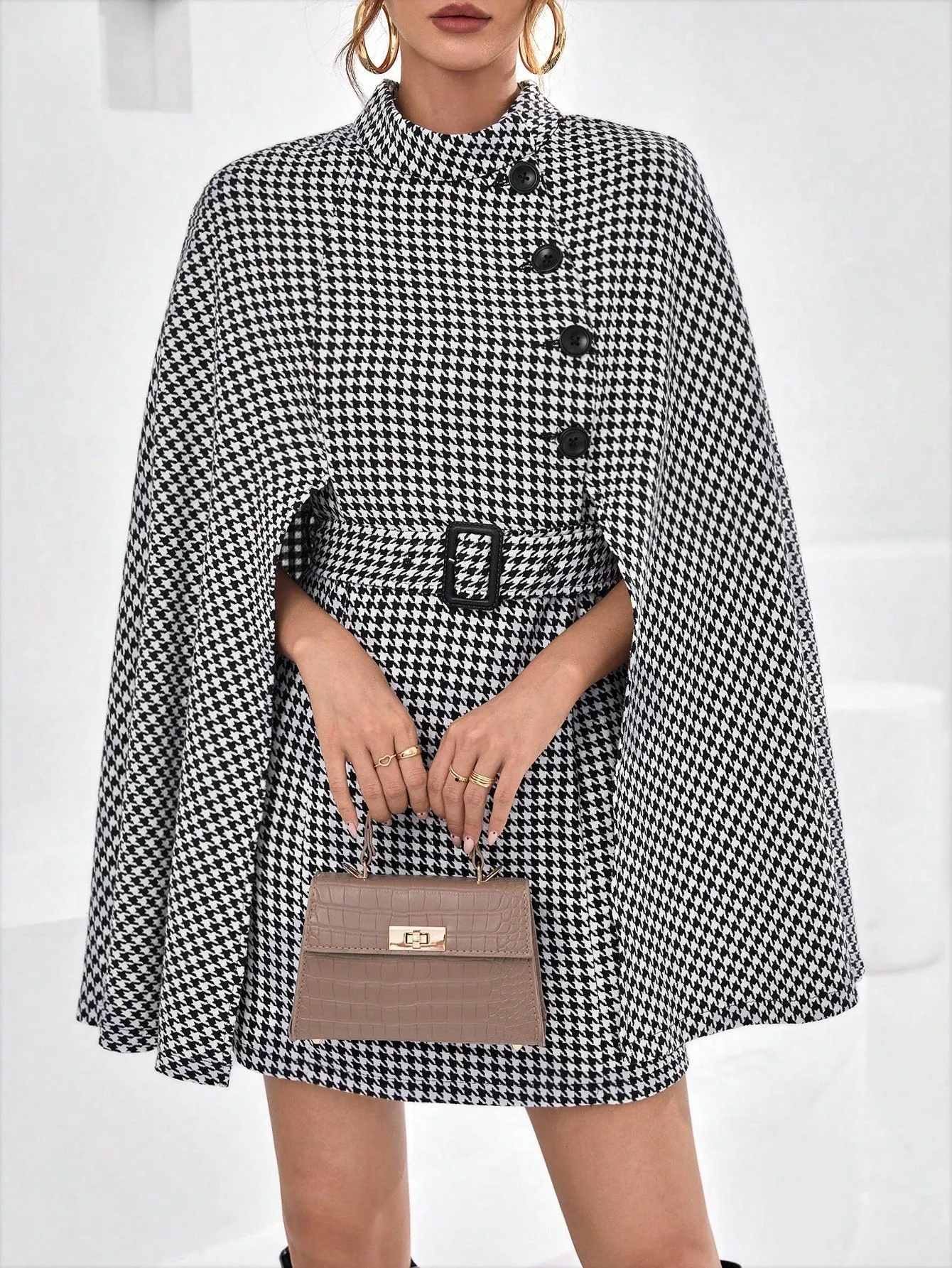 Houndstooth Print Cloak Sleeve Belted Coat