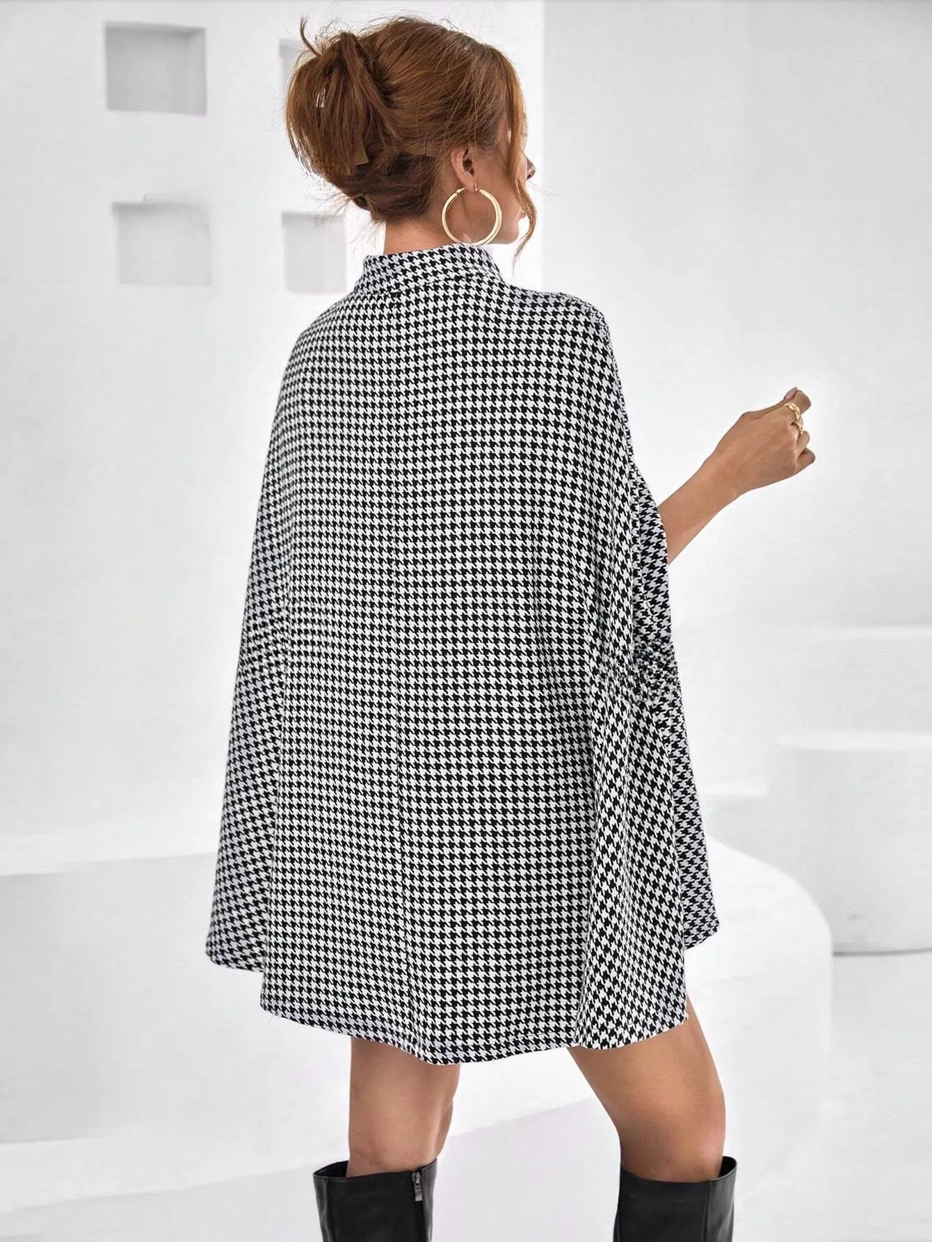 Houndstooth Print Cloak Sleeve Belted Coat