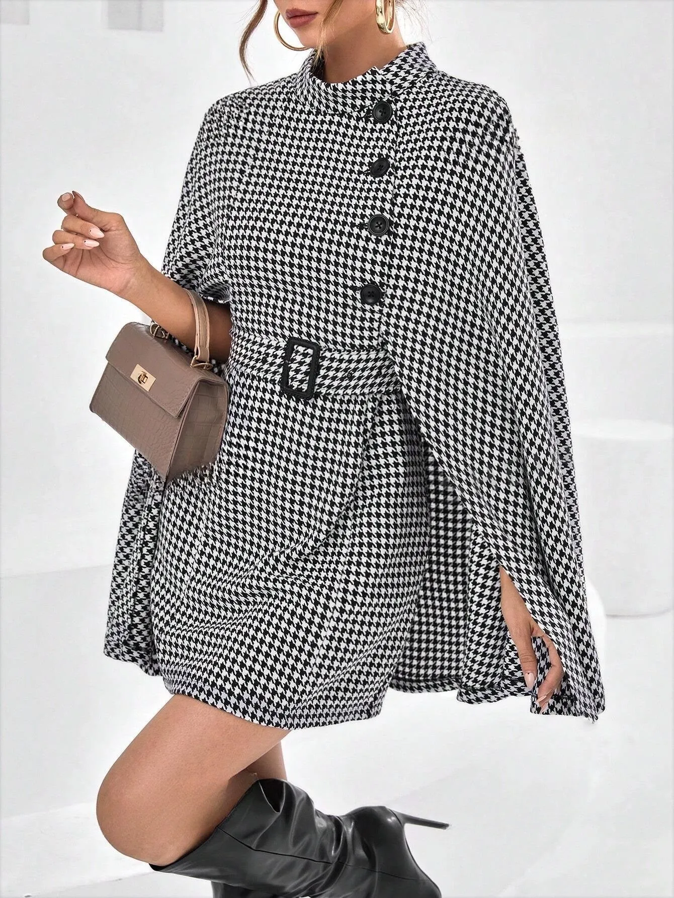 Houndstooth Print Cloak Sleeve Belted Coat