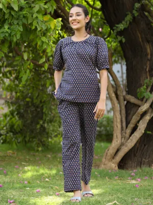 Indigo Ethnic Motif Printed Puffed Sleeves Top With Pants Loungewear Set