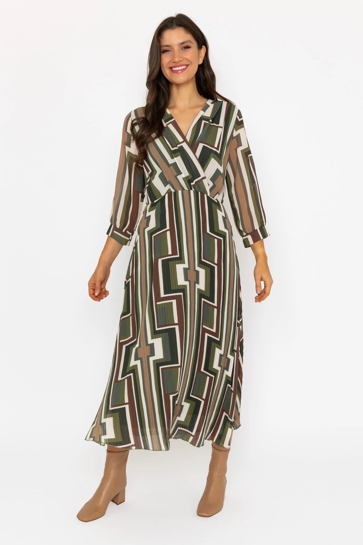 Khaki Geometric Printed Hannah Midi Dress