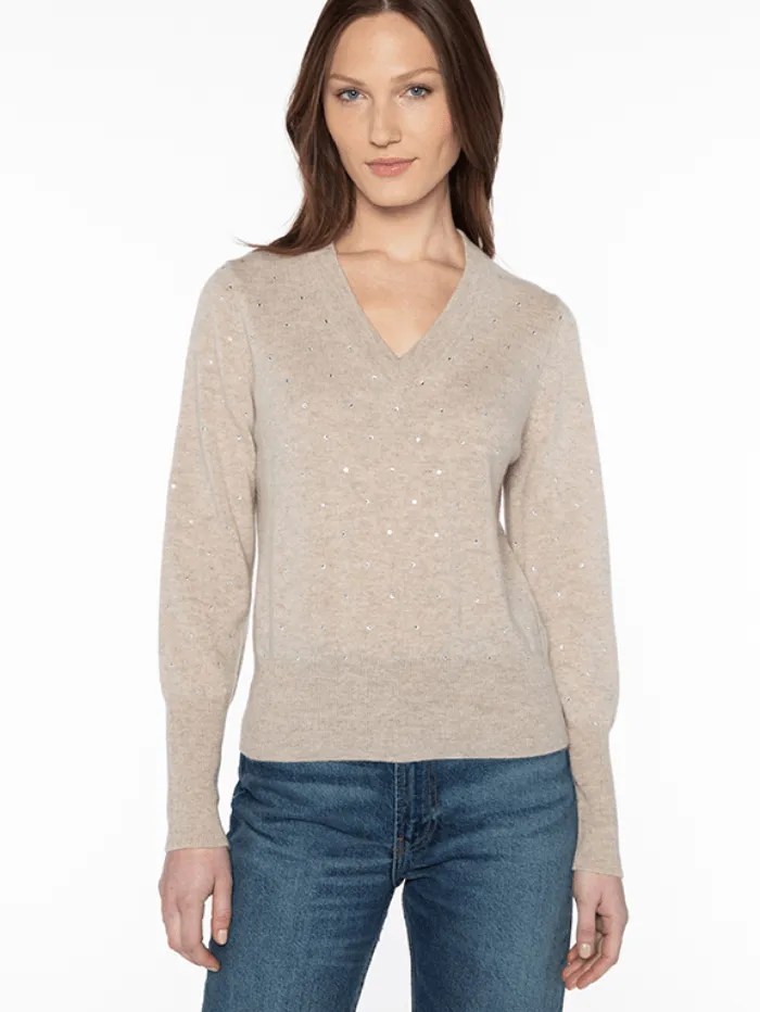 Kinross Cashmere Crystal Vee Jumper In Mushroom LFSC3-295