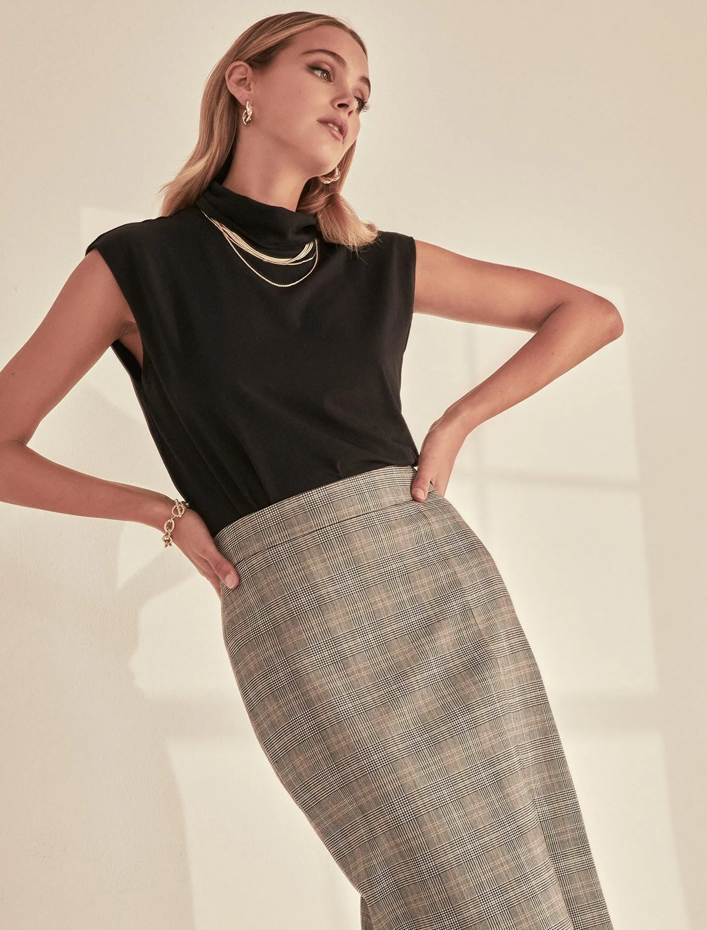 Kylie Check Split Midi Skirt