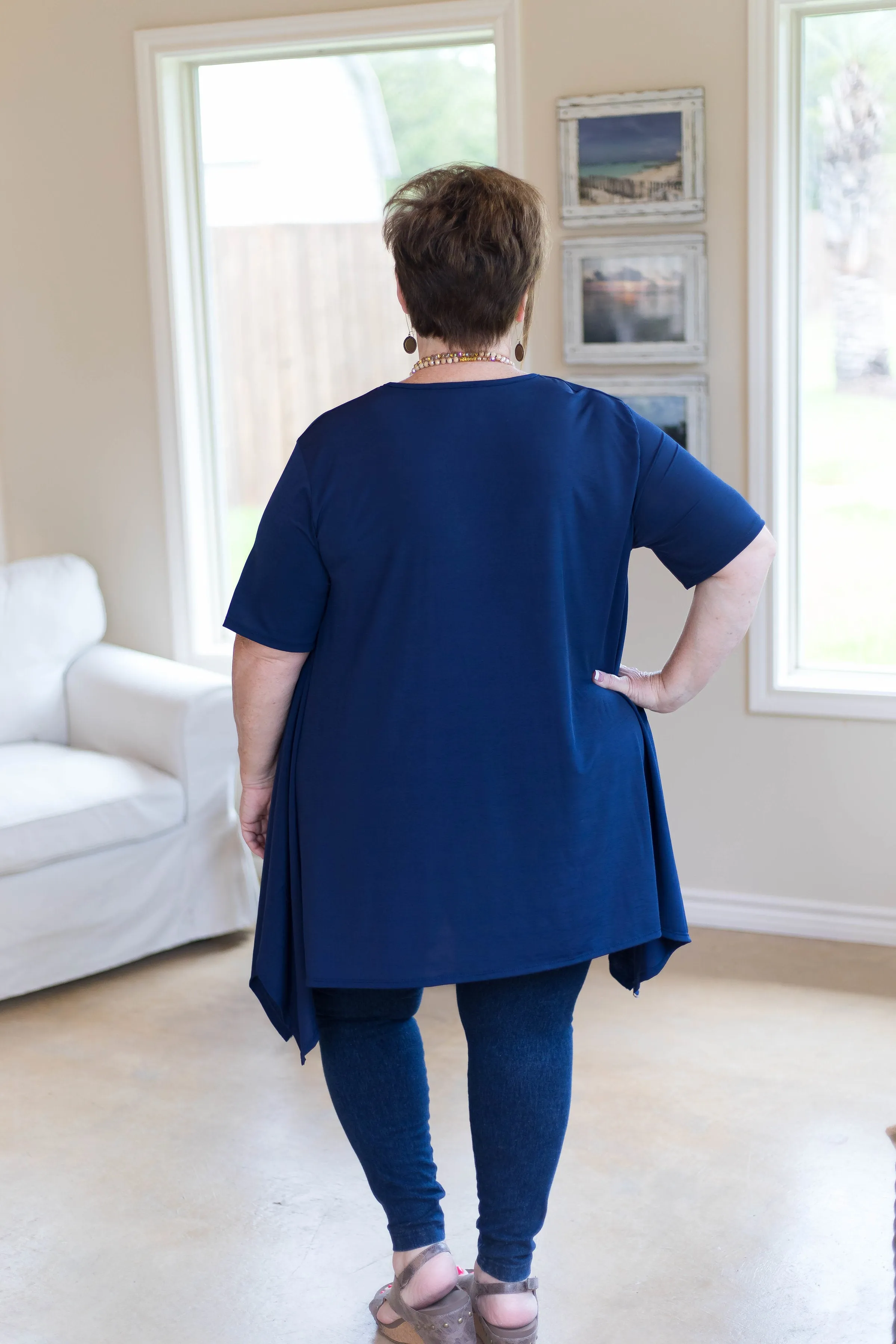 Last Chance Size Small | Not A Doubt Asymmetrical Hemline Tunic in Navy Blue