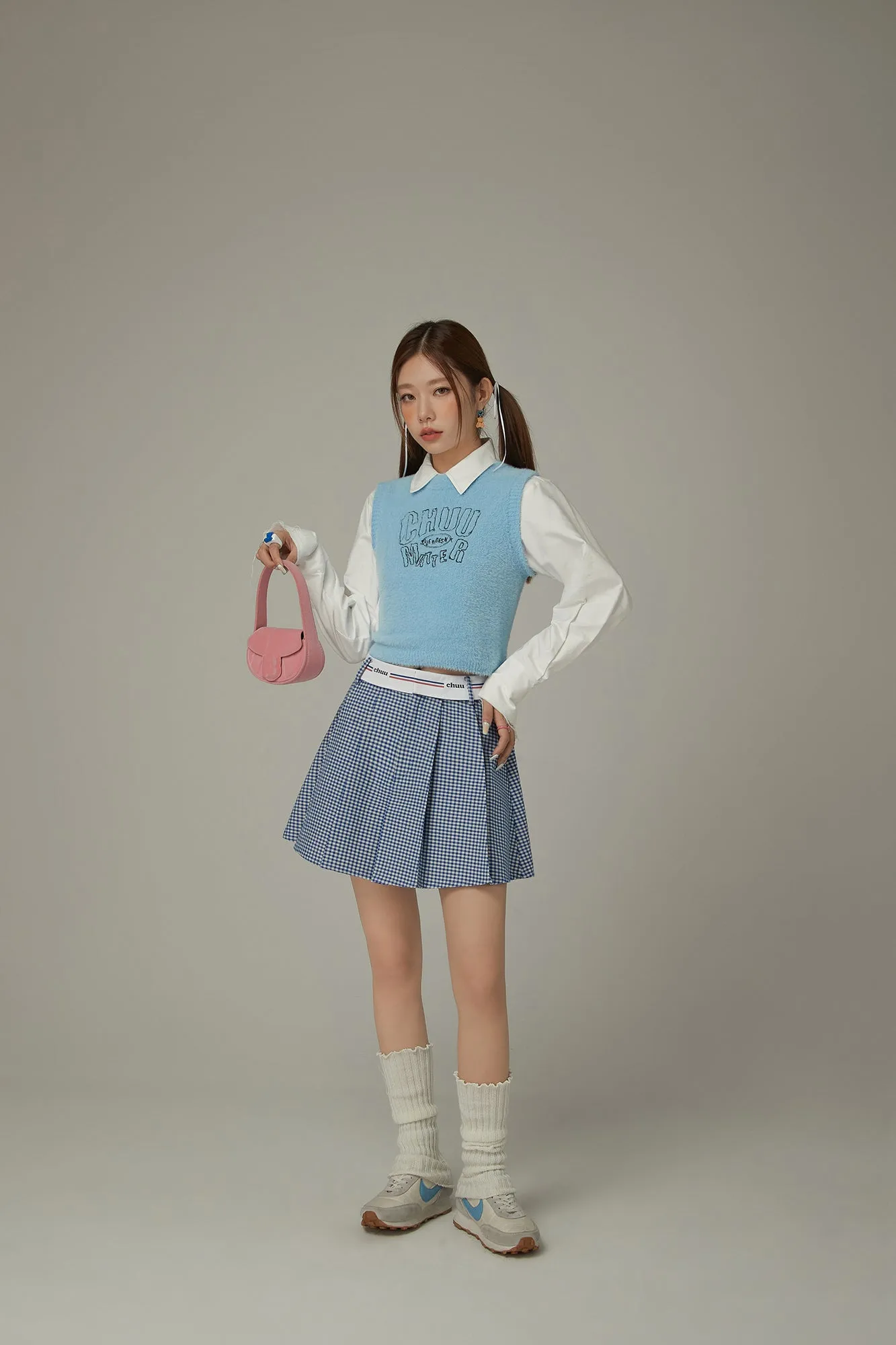 Logo Band Check Pleated Skirt