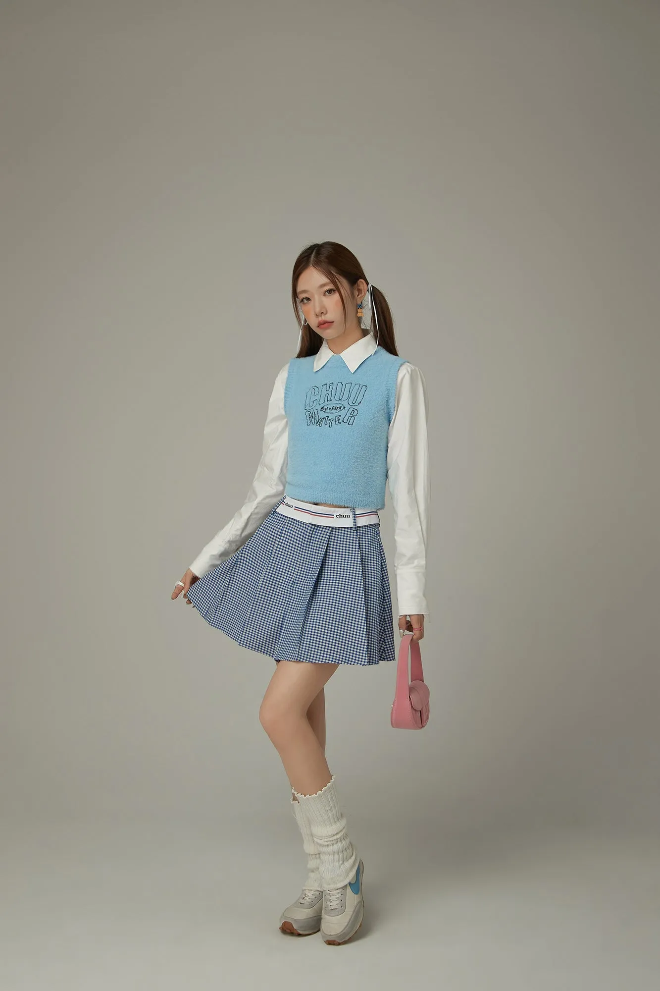 Logo Band Check Pleated Skirt