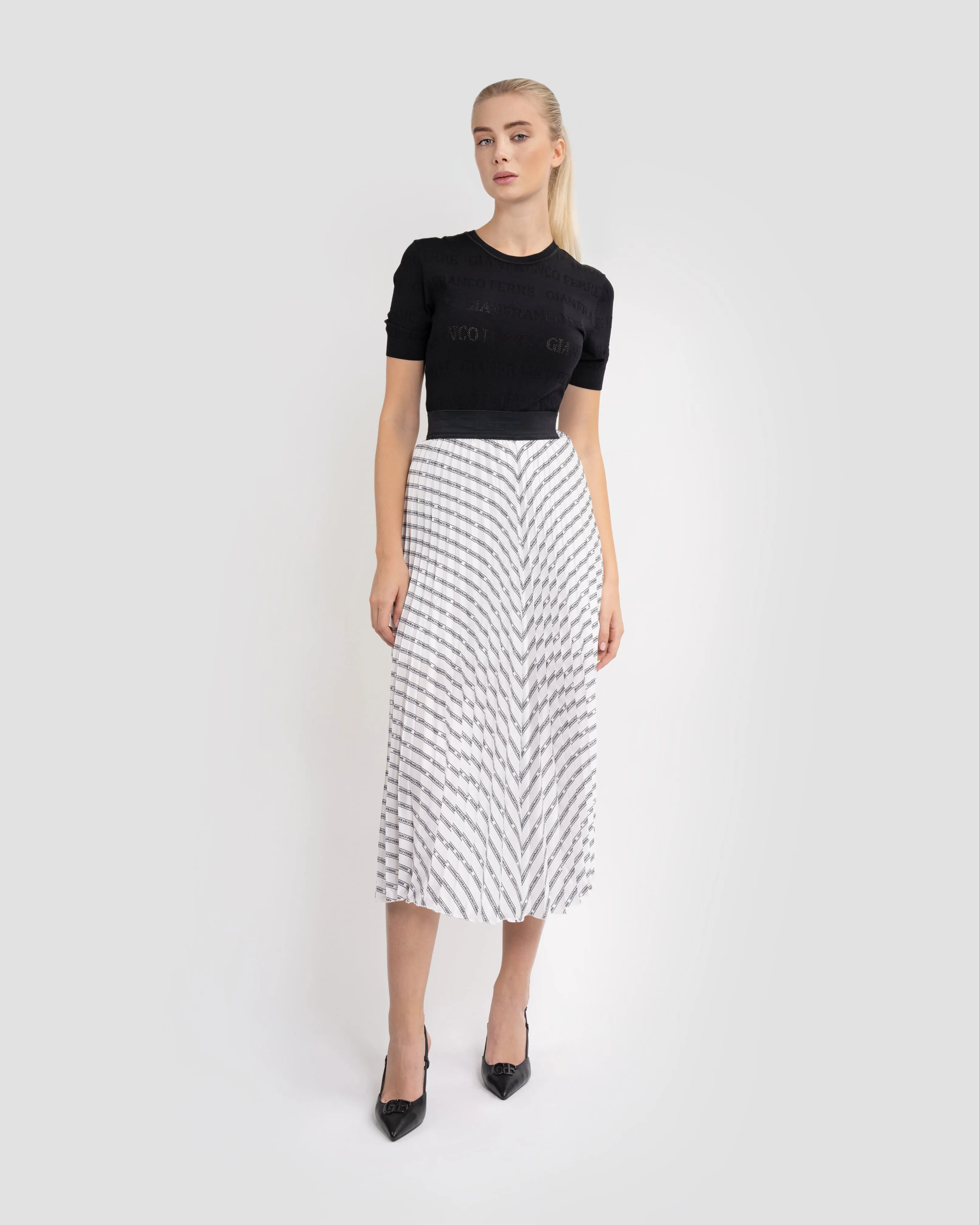 Logo Striped Pleated Midi Skirt