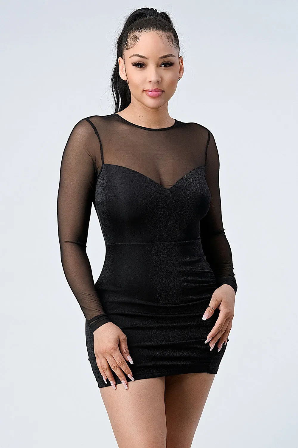 LUX SHINY METALIC MESH SLEEVES BODYCON DRESS