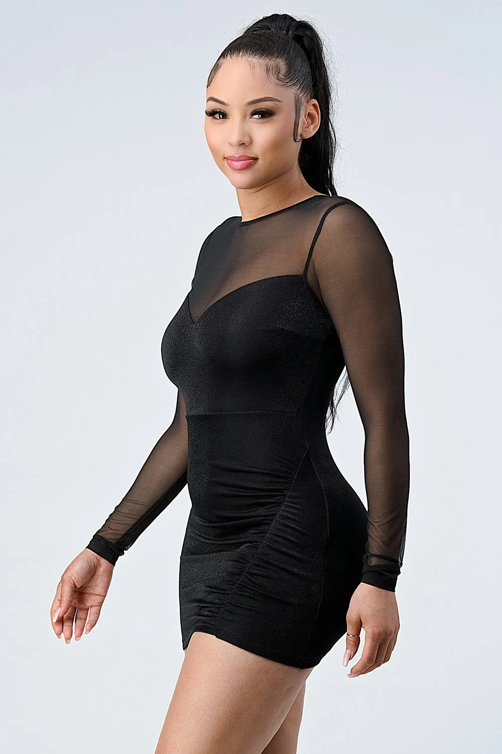 LUX SHINY METALIC MESH SLEEVES BODYCON DRESS