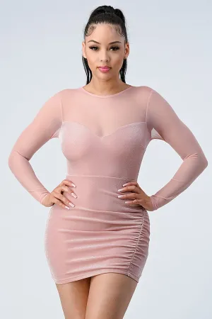 LUX SHINY METALIC MESH SLEEVES BODYCON DRESS