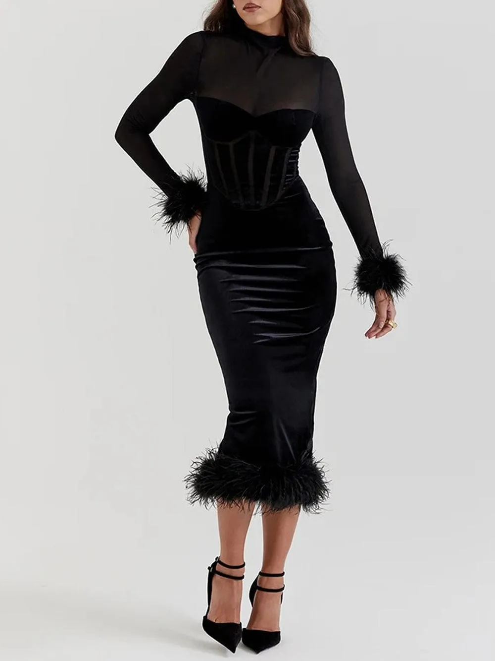 Mary Backless Bodycon Feather Midi Dress