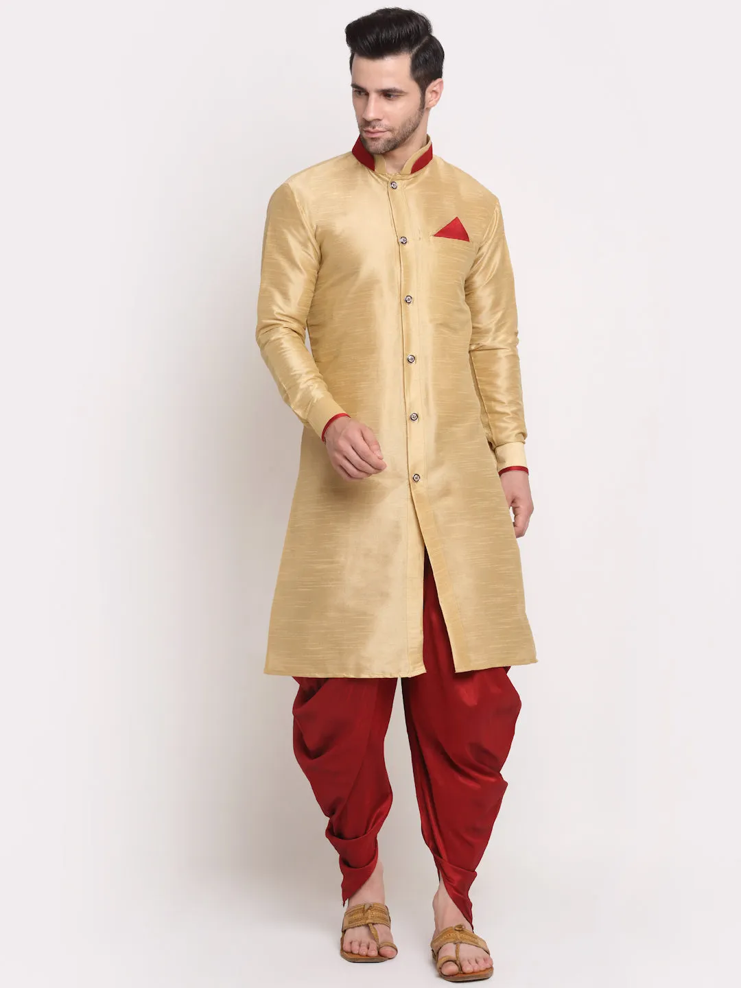 Men's Gold Solid Kurta With Maroon Dhoti Pant - Benstoke