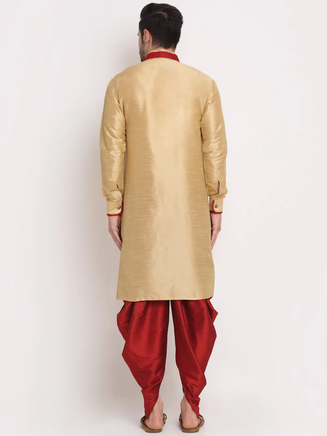 Men's Gold Solid Kurta With Maroon Dhoti Pant - Benstoke